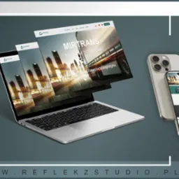 Mockup prezentujący responsywną stronę internetową firmy transportowej Mirtans na laptopie i smartfonie, z widoczną wizualizacją strony głównej i podstron.