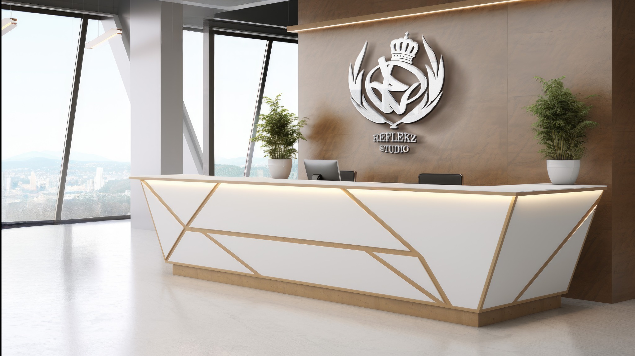 Nowoczesne biuro z recepcją oświetloną od dołu, logo firmy z koroną na ścianie i widokiem na miasto przez okno.