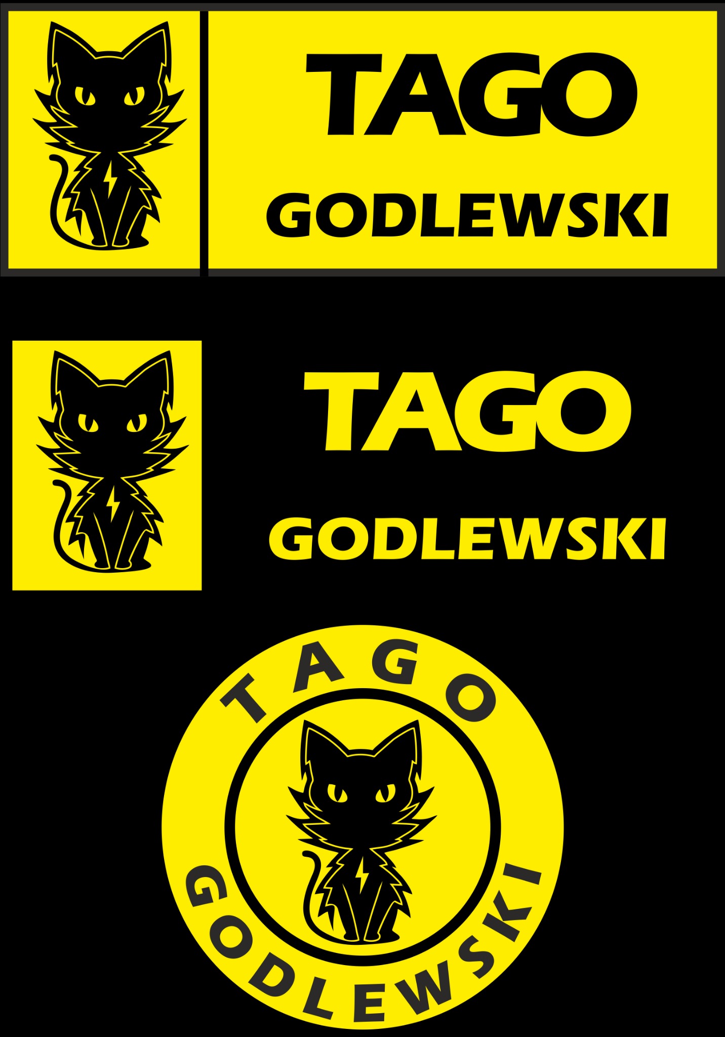 Logo firmy TAGO GODLEWSKI przedstawiające czarnego kota z błyskawicą na żółtym tle w trzech różnych wariantach: prostokątny, kwadratowy i okrągły.