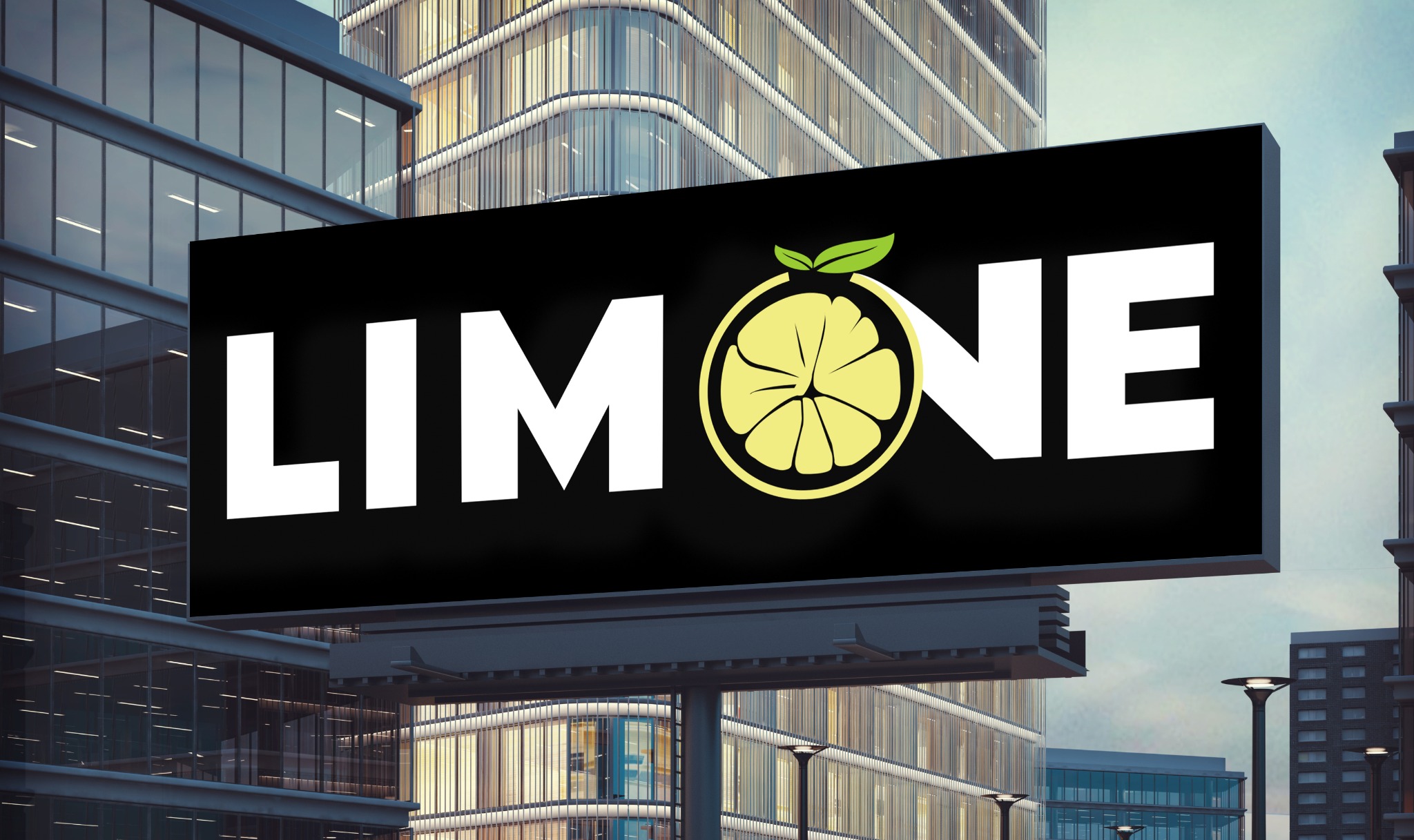 Billboard z logo 'LIMONE' (białe litery i stylizowany cytrynowy owoc) na tle miejskiej zabudowy z nowoczesnymi biurowcami.