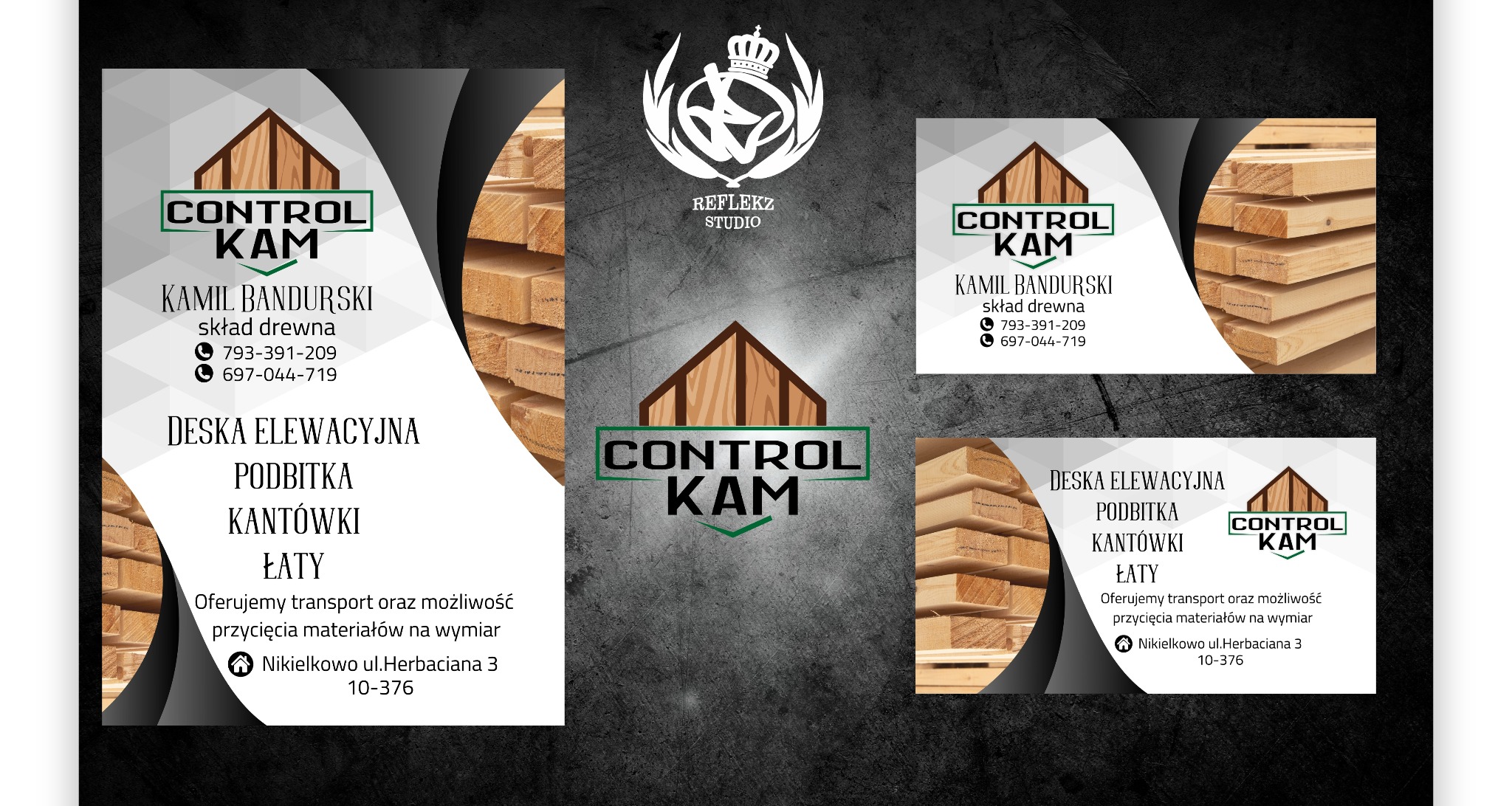 Projekt wizytówki firmy Control Kam, składu drewna, z logo firmy, danymi kontaktowymi i informacją o oferowanych produktach, takich jak deska elewacyjna, podbitka, kantówki i łaty, na tle tekstury...