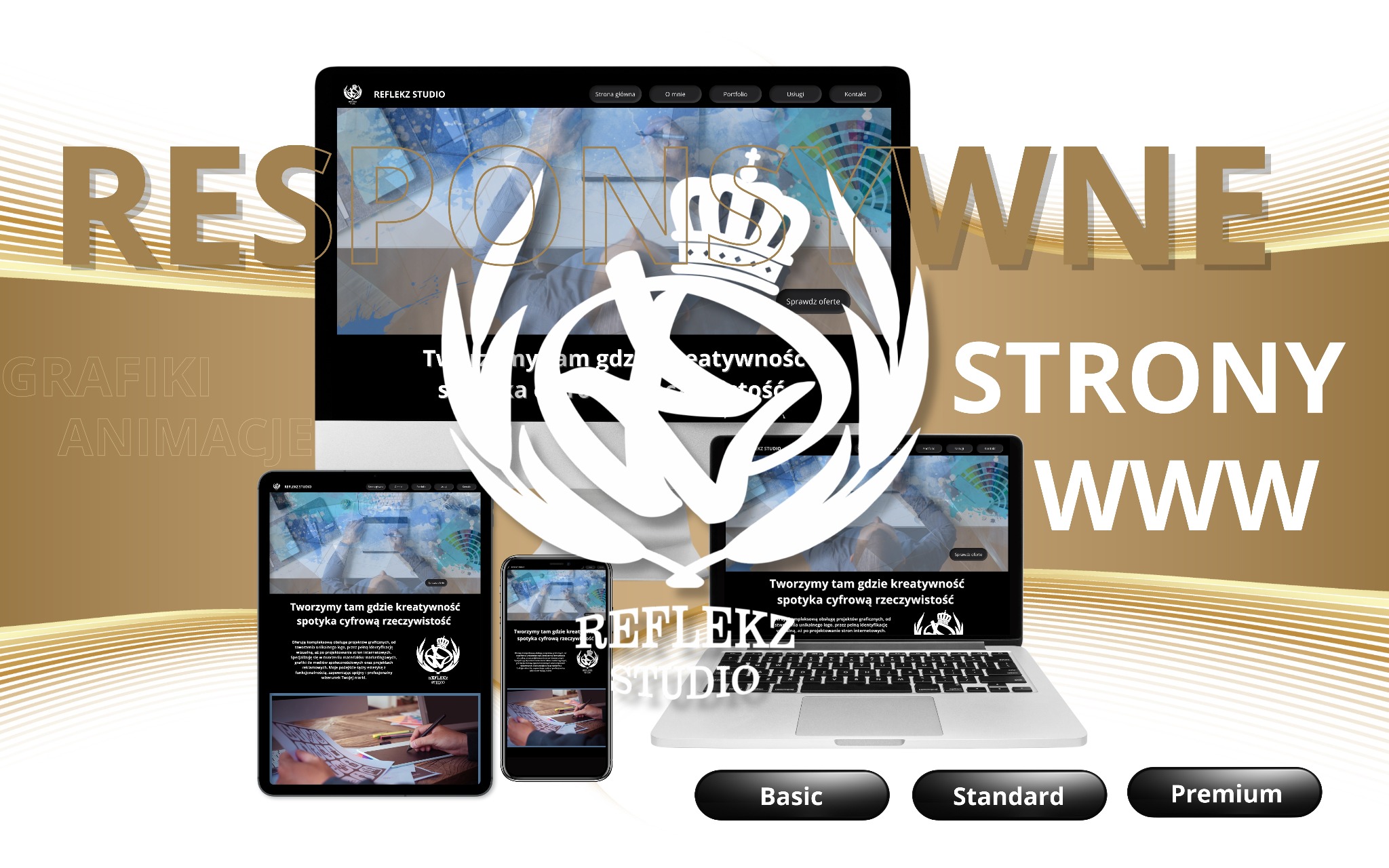 Responsywne strony internetowe na laptopie, tablecie i smartfonie z logiem Reflekz Studio w tle, prezentacja oferty Basic, Standard i Premium.