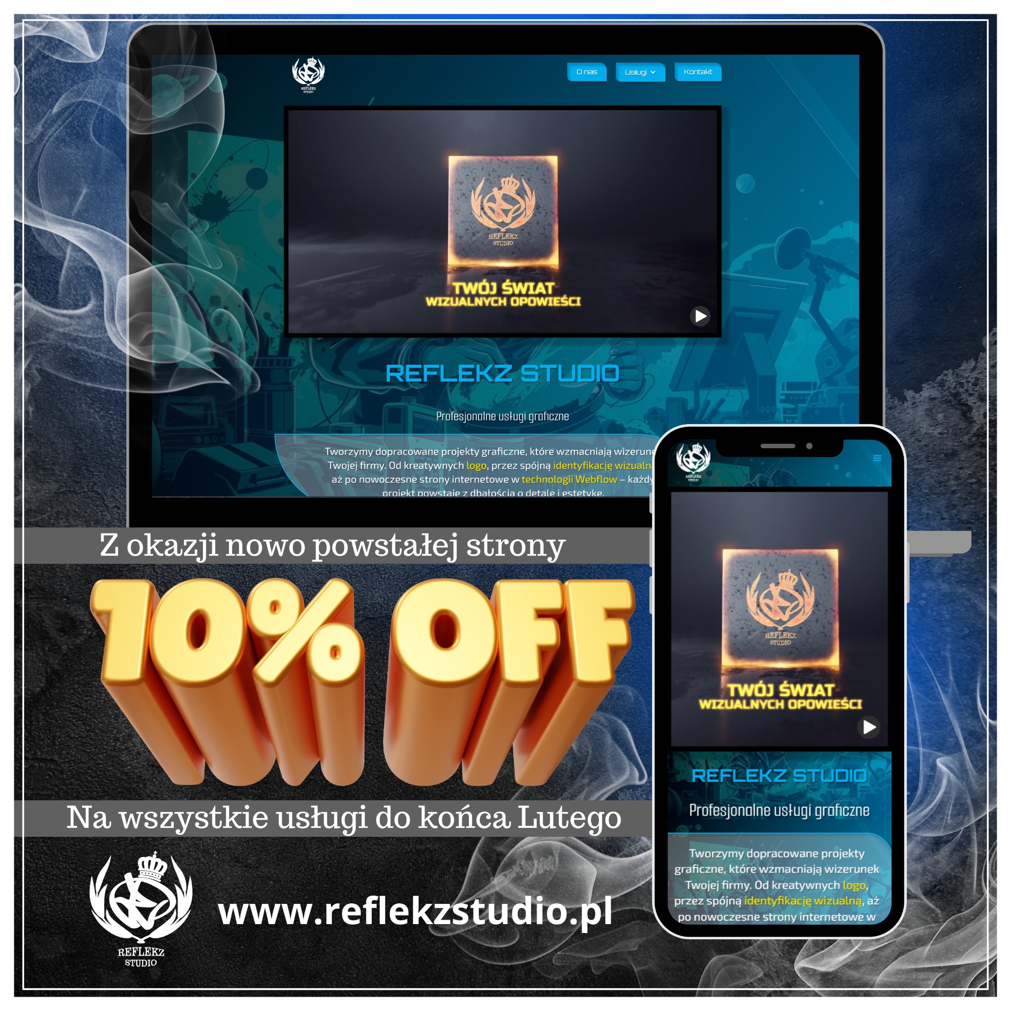 Prezentacja strony internetowej Reflekz Studio na laptopie i smartfonie, z ofertą 10% zniżki na wszystkie usługi do końca lutego. Widoczne logo firmy i hasło 'Twój świat wizualnych opowieści'.