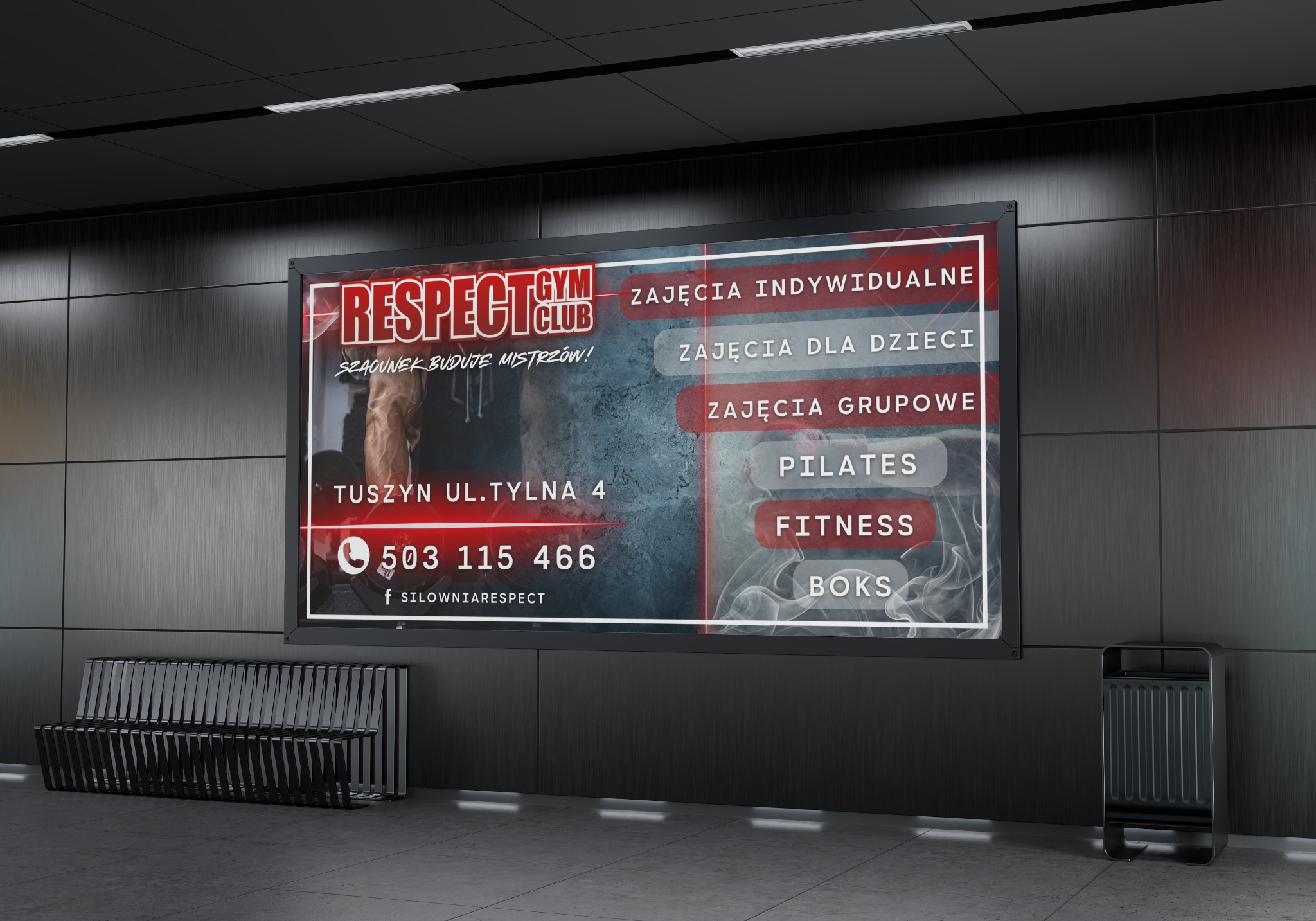 Wizualizacja plakatu reklamowego siłowni Respect Gym Club w przestrzeni publicznej, z ofertą zajęć indywidualnych, dla dzieci, grupowych, pilates, fitness i boksu. Plakat umieszczony na tle...