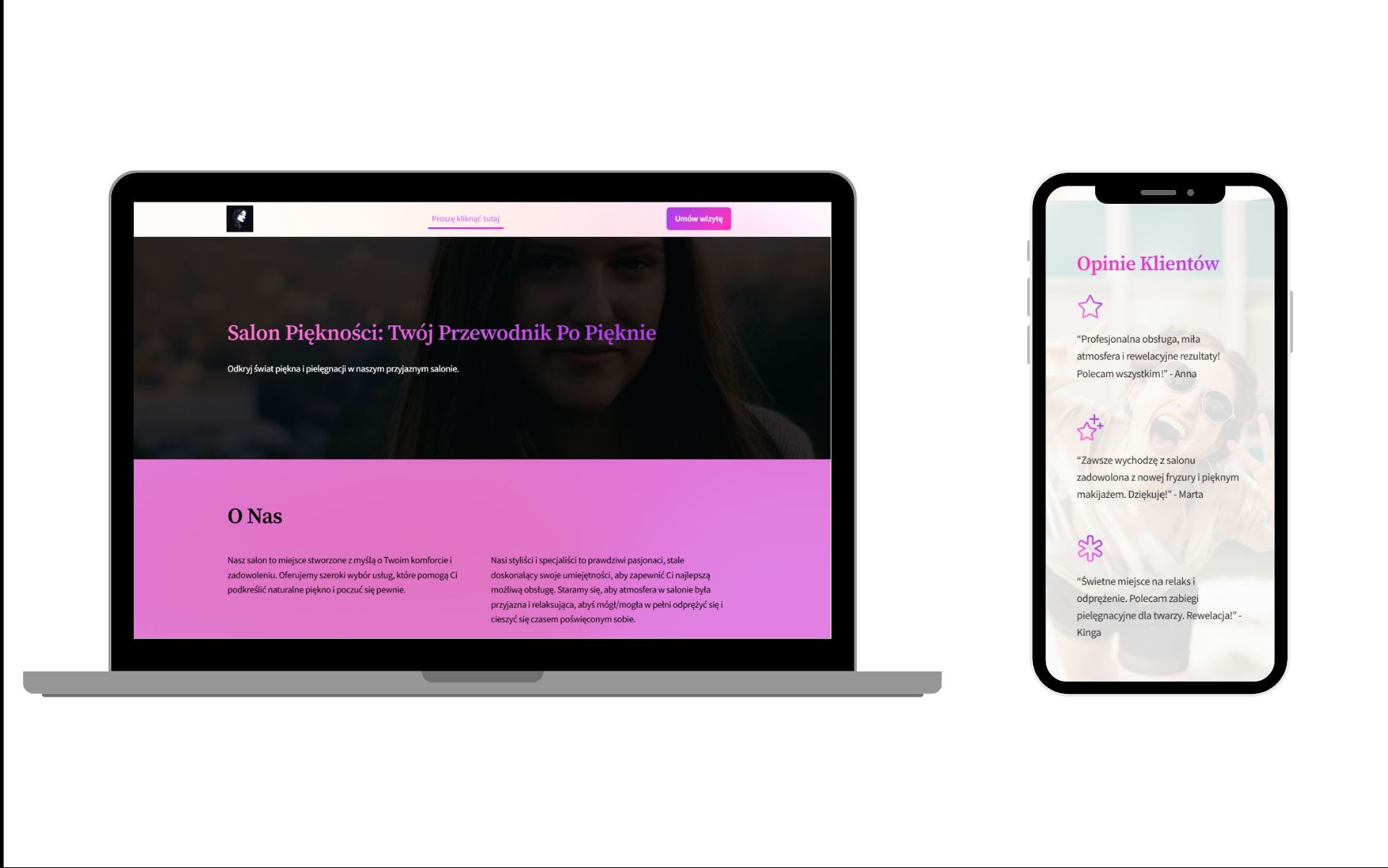 Prezentacja responsywnej strony internetowej salonu piękności na laptopie i smartfonie, wyświetlająca opinie klientów i ofertę usług.