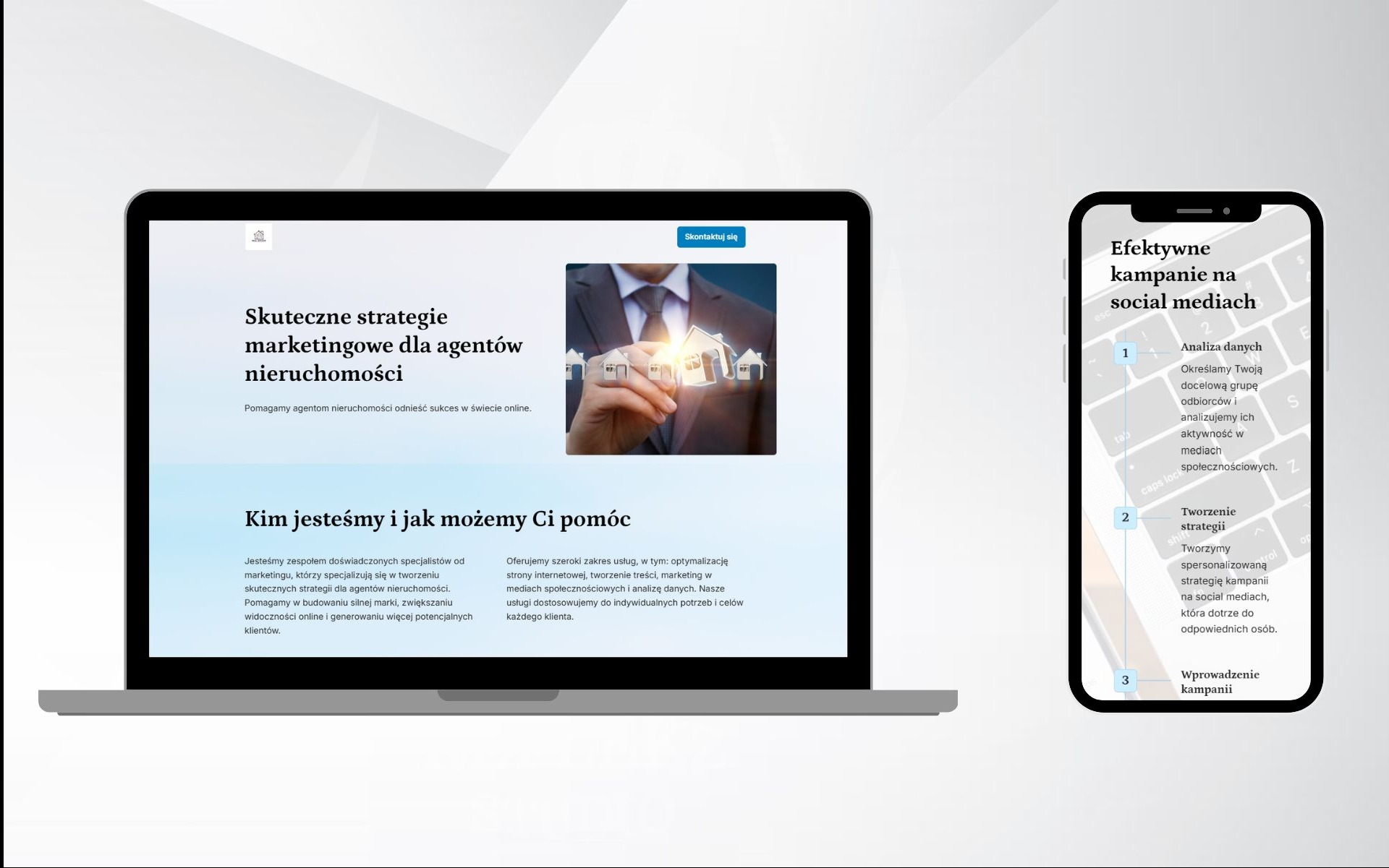 Ekran laptopa z wyświetloną stroną internetową oferującą skuteczne strategie marketingowe dla agentów nieruchomości, obok telefon z informacjami o efektywnych kampaniach w social mediach.