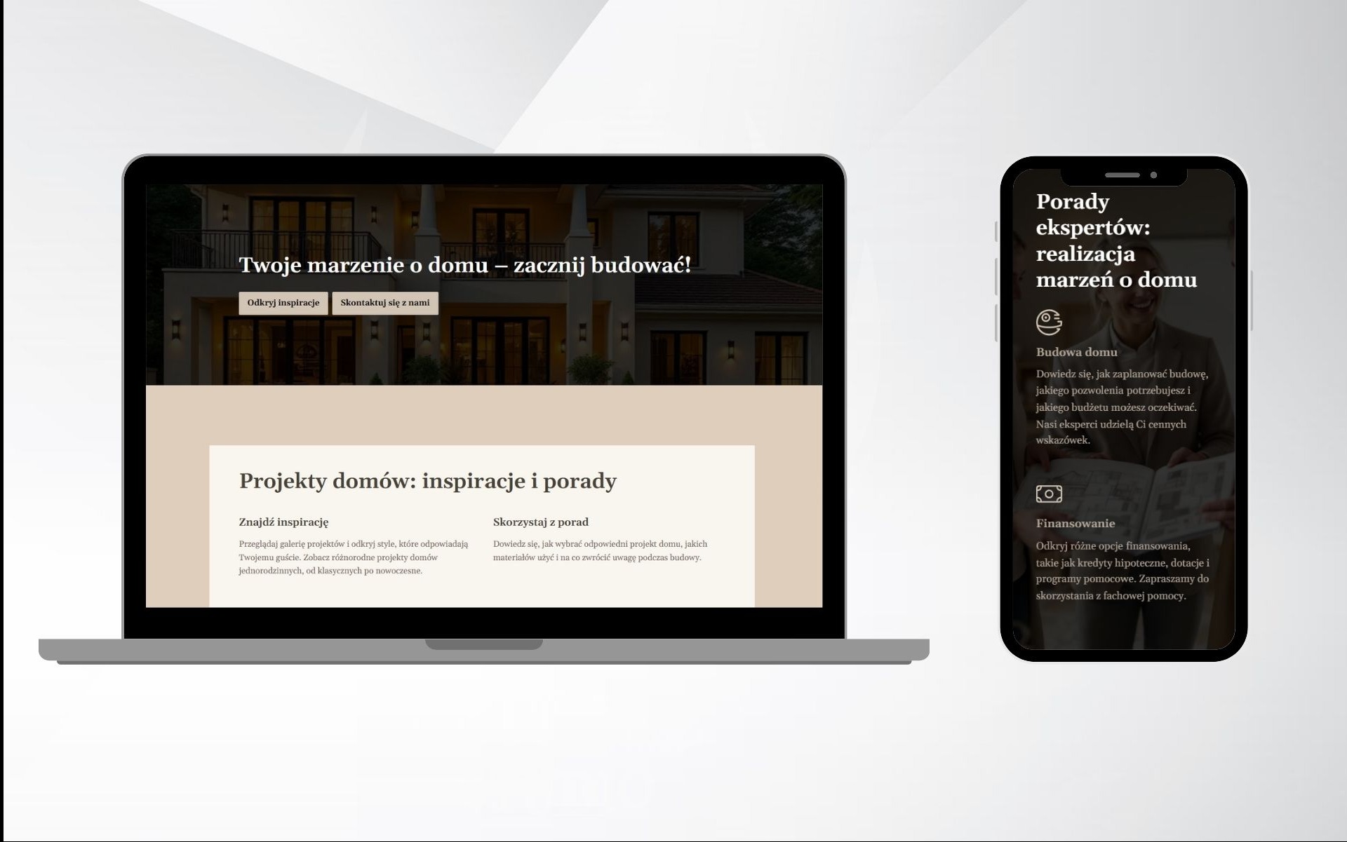 Prezentacja responsywnej strony internetowej na laptopie i smartfonie, oferującej projekty domów, porady ekspertów i informacje o finansowaniu budowy.