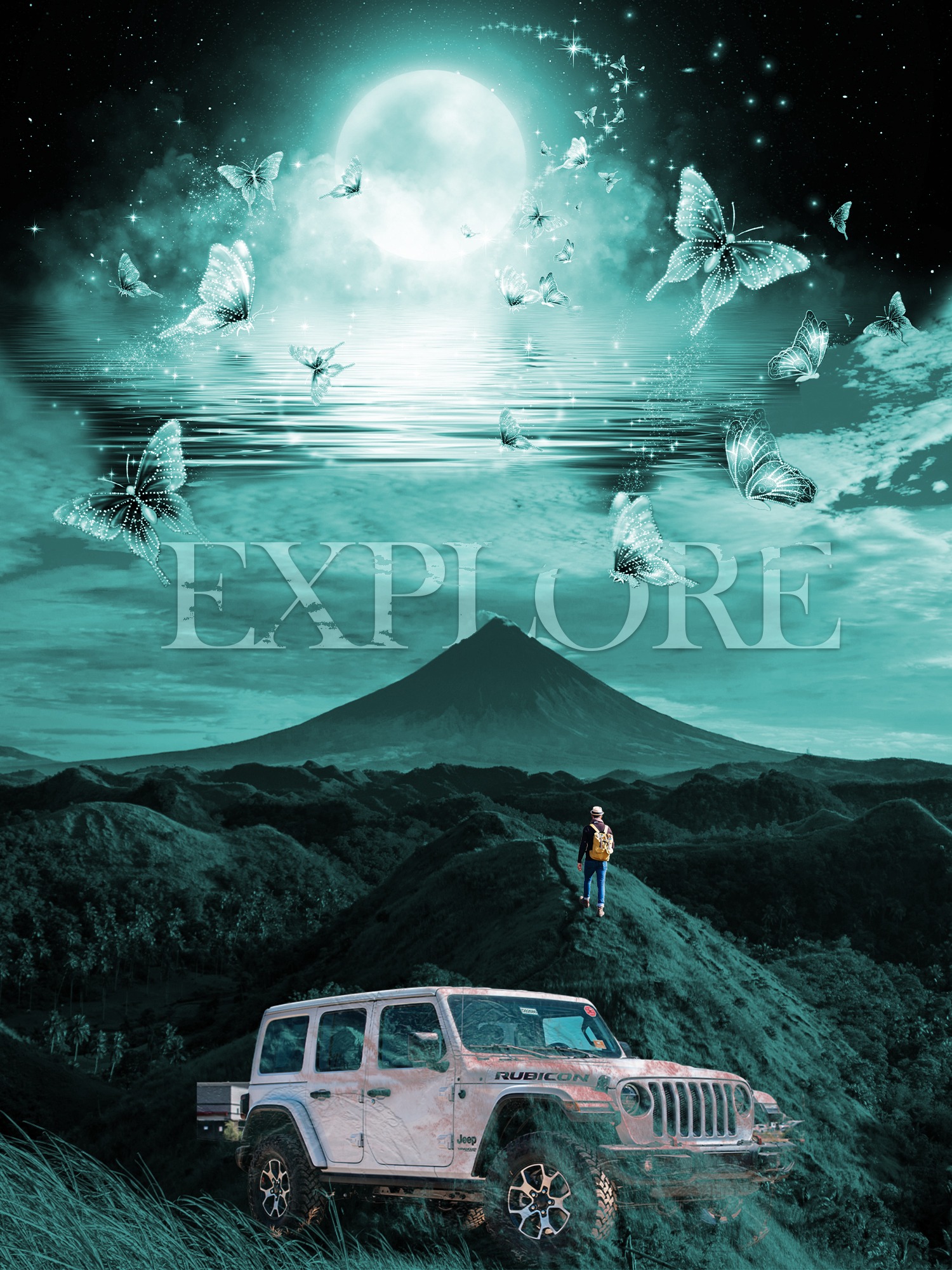 Turkusowy fotomontaż: Jeep Rubicon na wzgórzu, w tle wulkan, nad nim księżyc i motyle, napis 'EXPLORE'.