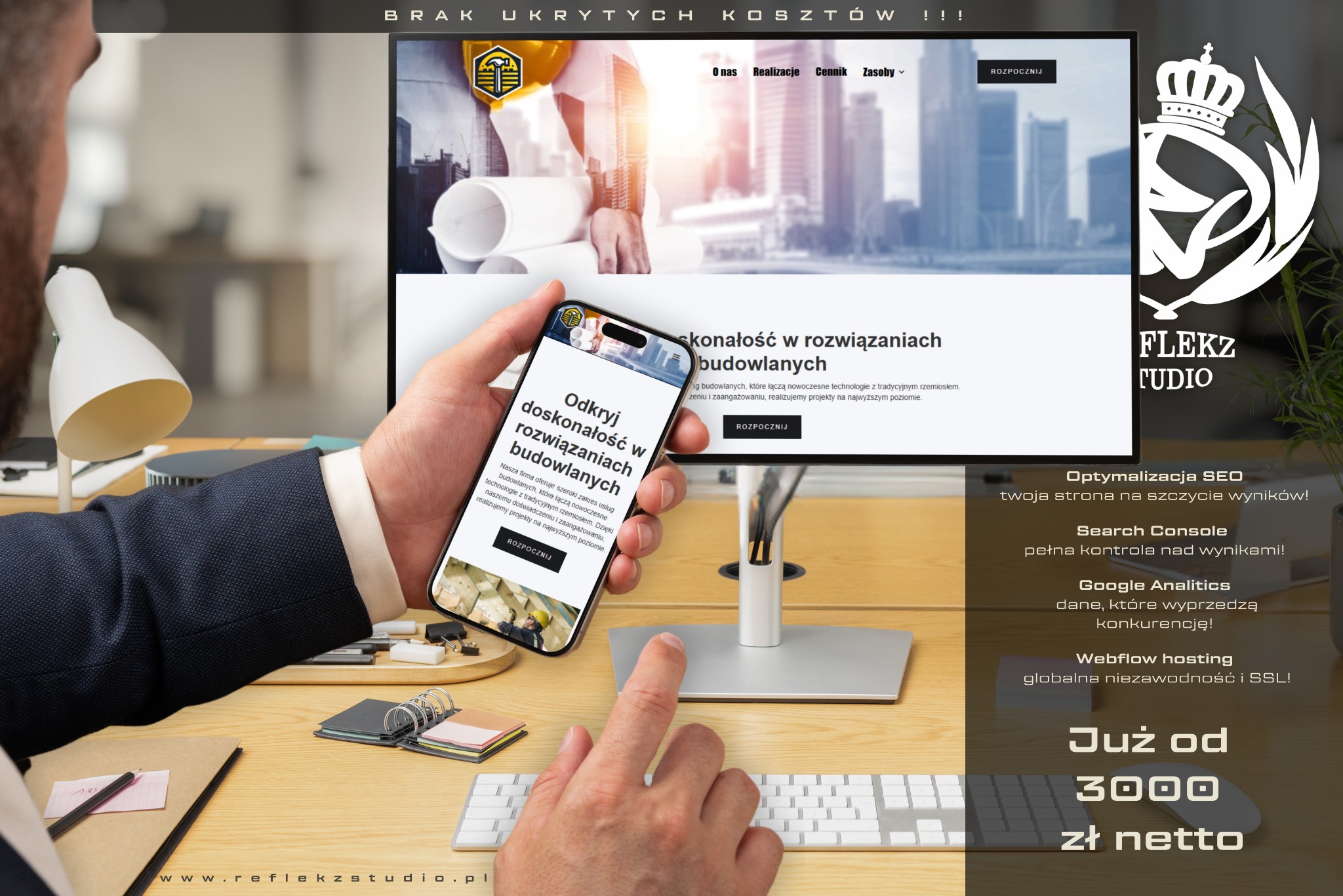 Prezentacja responsywnej strony internetowej na monitorze i smartfonie, z motywem budowlanym i logiem firmy Flekz Studio, widoczne elementy interfejsu użytkownika i biurko z akcesoriami.
