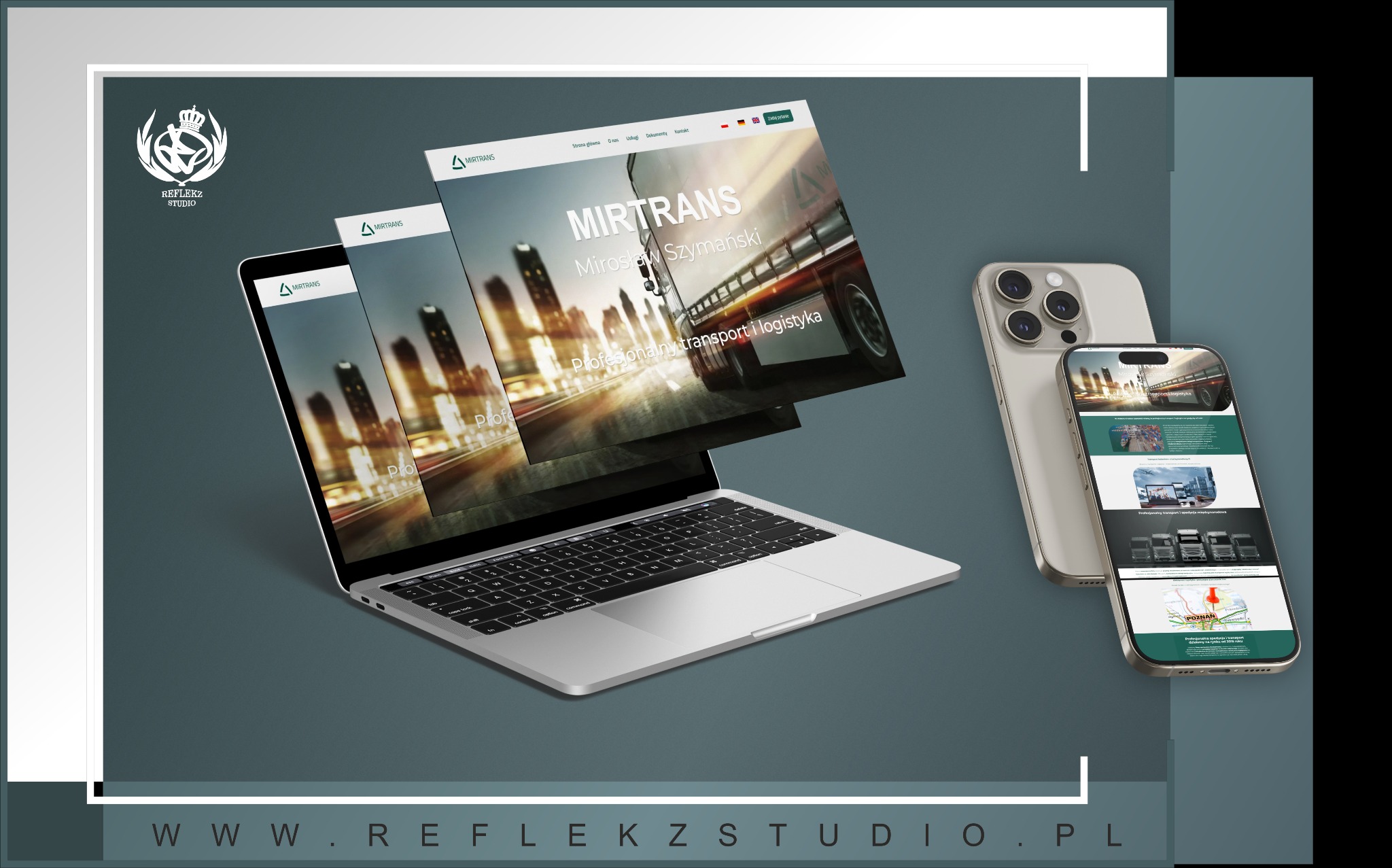 Mockup prezentujący responsywną stronę internetową firmy transportowej Mirtans na laptopie i smartfonie, z widoczną wizualizacją strony głównej i podstron.