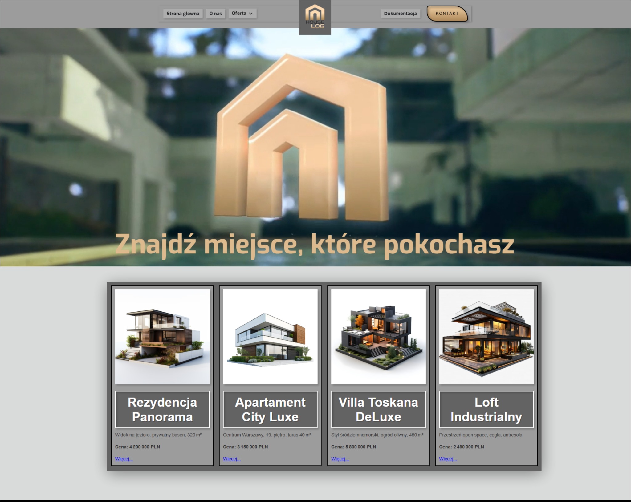 Strona internetowa firmy House Log z ofertą luksusowych rezydencji i apartamentów. Minimalistyczny design, wizualizacje 3D budynków.