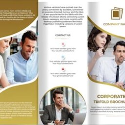 Dominik Tadej - Rozłożona trójdzielna broszura firmowa z wkomponowanymi zdjęciami uśmiechniętych osób i tekstem w języku angielskim, utrzymana w kolorystyce bieli, złota i brązu.