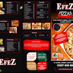 Dominik Tadej - Rozkładana ulotka menu pizzerii Efez z listą dań, cenami i danymi kontaktowymi. Widoczne kategorie: Goumertzes, Entrees, Deep Tasty, Southern Fried Chicken, Vanilla Wraps, Kids Meals. Na pierwszym...