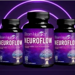 Trzy czarne butelki suplementu diety Neuroflow marki Bloom Holistics na fioletowym tle z neonowym okręgiem. Etykiety zawierają nazwę produktu, logo i ilustrację grzyba z geometrycznym wzorem.