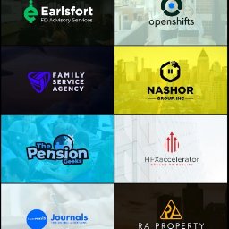 Dominik Tadej - Kompilacja ośmiu różnych projektów graficznych logo z użyciem różnych kolorów, fontów i motywów, od biznesowych po zabawne, umieszczonych na różnorodnych tłach.