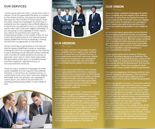 Rozłożona broszura reklamowa w odcieniach złota i bieli, prezentująca zespół profesjonalistów w tle i bloki tekstu z nagłówkami 'Our Services', 'Our Mission' i 'Our Vision', wypełnione tekstem...