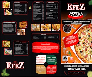Rozkładana ulotka menu pizzerii Efez z listą dań, cenami i danymi kontaktowymi. Widoczne kategorie: Goumertzes, Entrees, Deep Tasty, Southern Fried Chicken, Vanilla Wraps, Kids Meals. Na pierwszym...