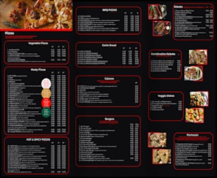 Menu restauracji z pizzą i innymi daniami, czarne tło z czerwonymi obramowaniami, widoczne ceny i opisy potraw.