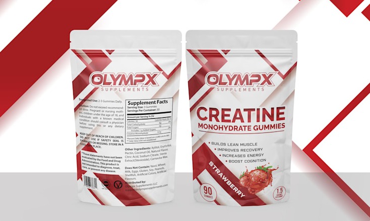 Dwa opakowania suplementu diety w formie żelków kreatynowych o smaku truskawkowym, marki OLYMPX Supplements, na białym tle z czerwonymi akcentami graficznymi.
