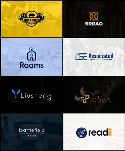 Kompilacja ośmiu różnych projektów logo: siłownia, nieruchomości, sport, komunikacja i inne, każdy z unikalną kolorystyką i typografią.