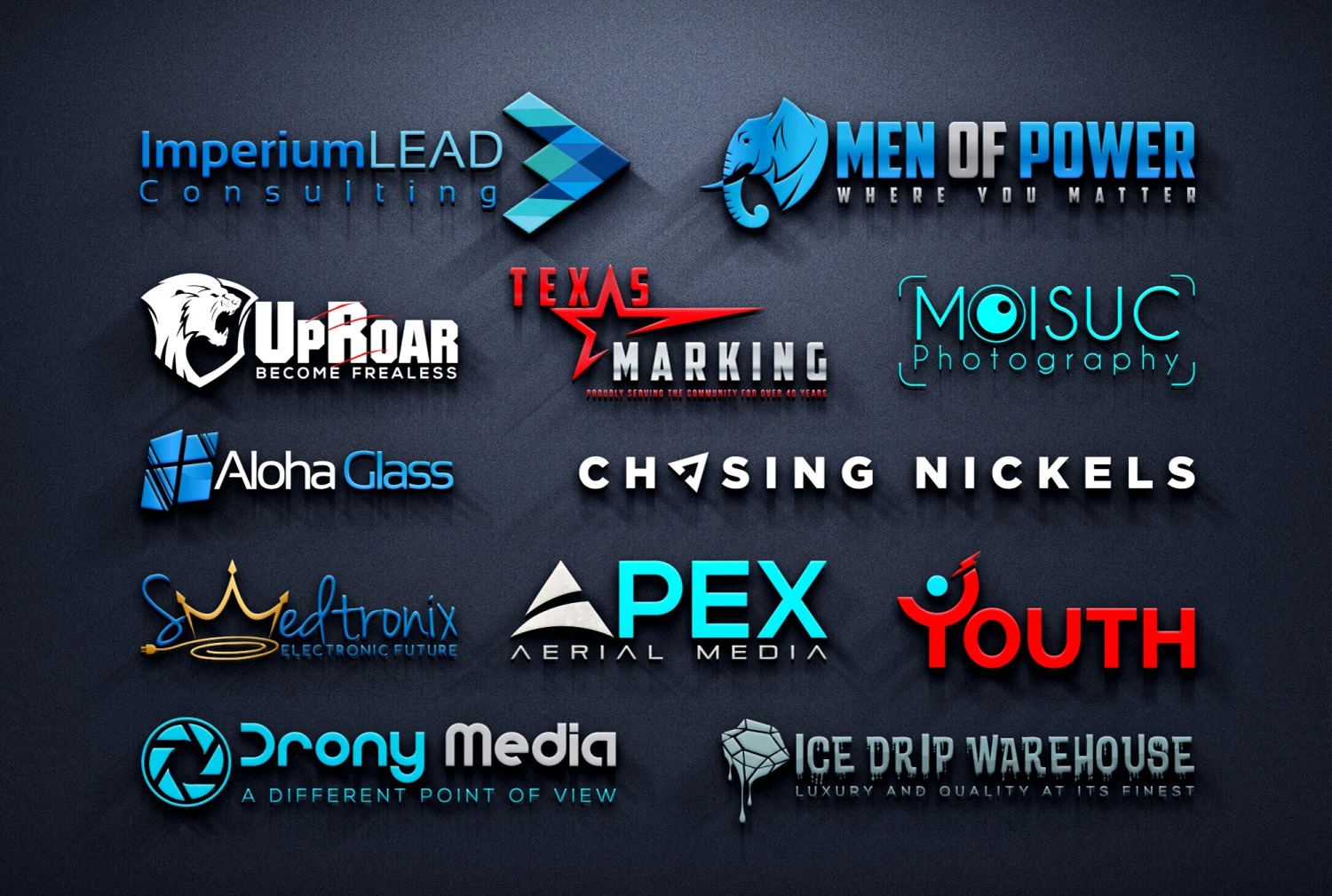 Zestaw różnorodnych logo firmowych na ciemnoszarym teksturowanym tle, prezentujących różne style graficzne i branże, od konsultingu i fotografii po media i handel.