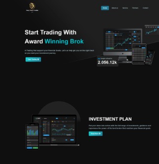 Ekran komputera, tabletu i smartfona prezentujące stronę internetową z interfejsem platformy tradingowej z wykresami i danymi finansowymi na ciemnym tle. Widoczne przyciski nawigacyjne i nagłówki.