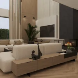 Nowoczesny salon z beżową sofą modułową, drewnianą podłogą i kominkiem. Dekoracje: rzeźba, roślina doniczkowa. Duże okno z widokiem na zieleń. Minimalistyczne oświetlenie.