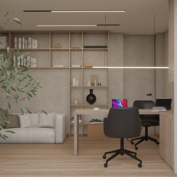 Solo Design Studio Izabela Czerwik - Kremowe biuro z drewnianym regałem, sofą i biurkiem, oświetlone liniowymi lampami. Rośliny w donicach dodają naturalnego akcentu. Minimalistyczny design.