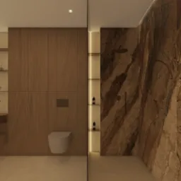 Elegancka łazienka z marmurową ścianą prysznicową, drewnianymi szafkami i podświetlanymi półkami. Nowoczesna armatura i oświetlenie tworzą luksusowy klimat.