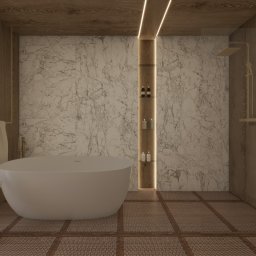 Solo Design Studio Izabela Czerwik - Nowoczesna łazienka z marmurowymi ścianami, wolnostojącą wanną i drewnianymi akcentami. Oświetlenie LED podkreśla minimalistyczny design i eleganckie wykończenie.