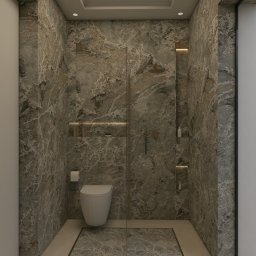 Solo Design Studio Izabela Czerwik - Nowoczesna łazienka z kabiną prysznicową typu walk-in, wykończona płytkami imitującymi marmur w odcieniach szarości i beżu, z podświetlanymi niszami.