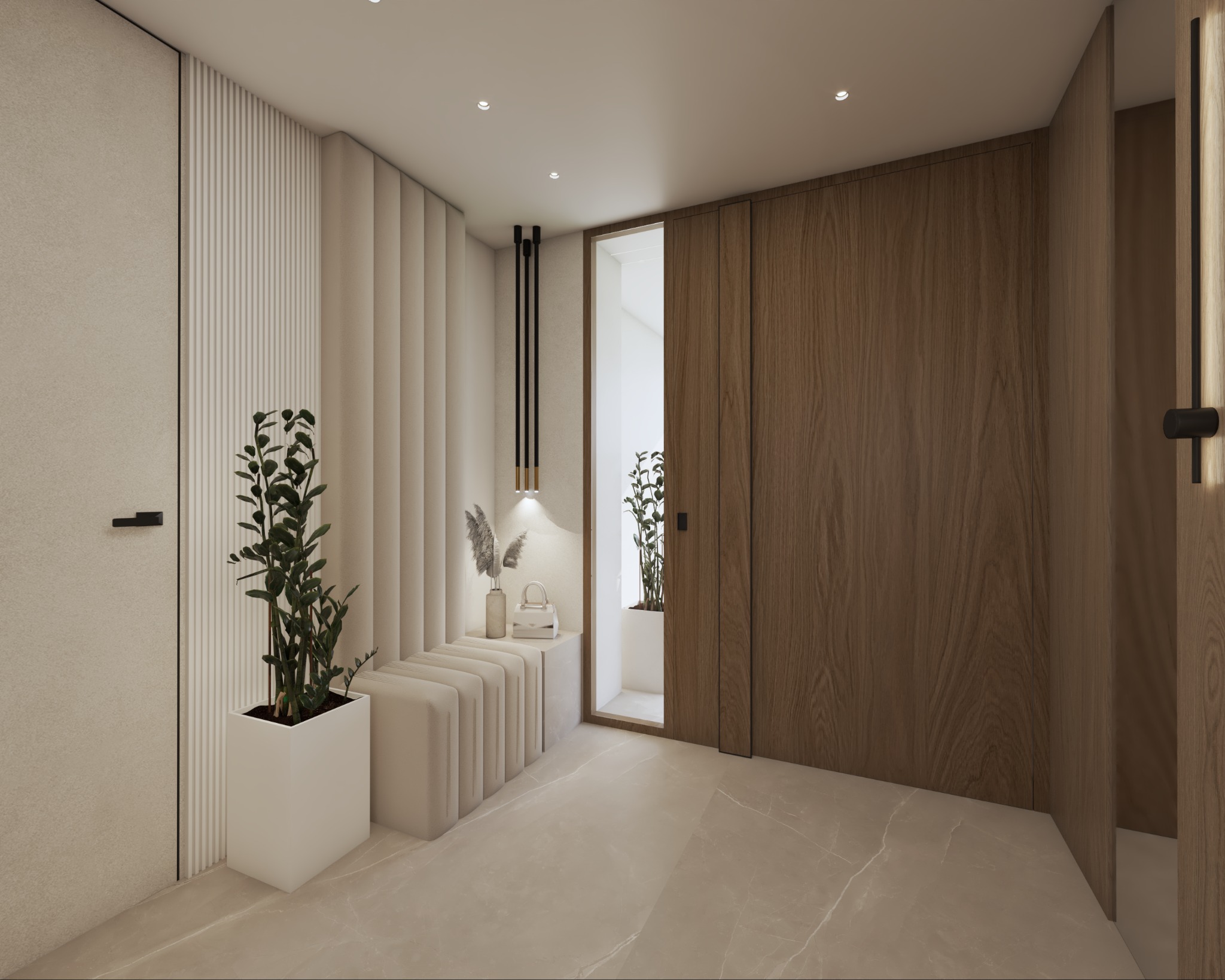 Nowoczesny przedpokój z drewnianą zabudową, dekoracyjnymi panelami ściennymi, rośliną w białej donicy i subtelnym oświetleniem, tworzący elegancką przestrzeń.