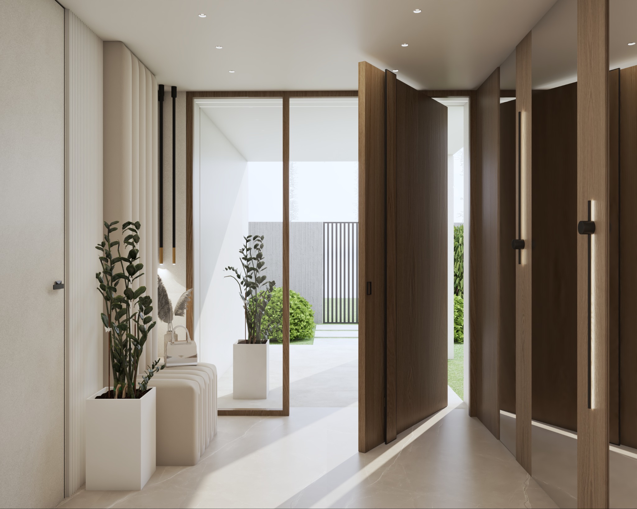 Nowoczesny hol z roślinami w białych donicach, otwartymi drewnianymi drzwiami i widokiem na ogród przez szklaną ścianę. Minimalistyczny design, jasne wnętrze.