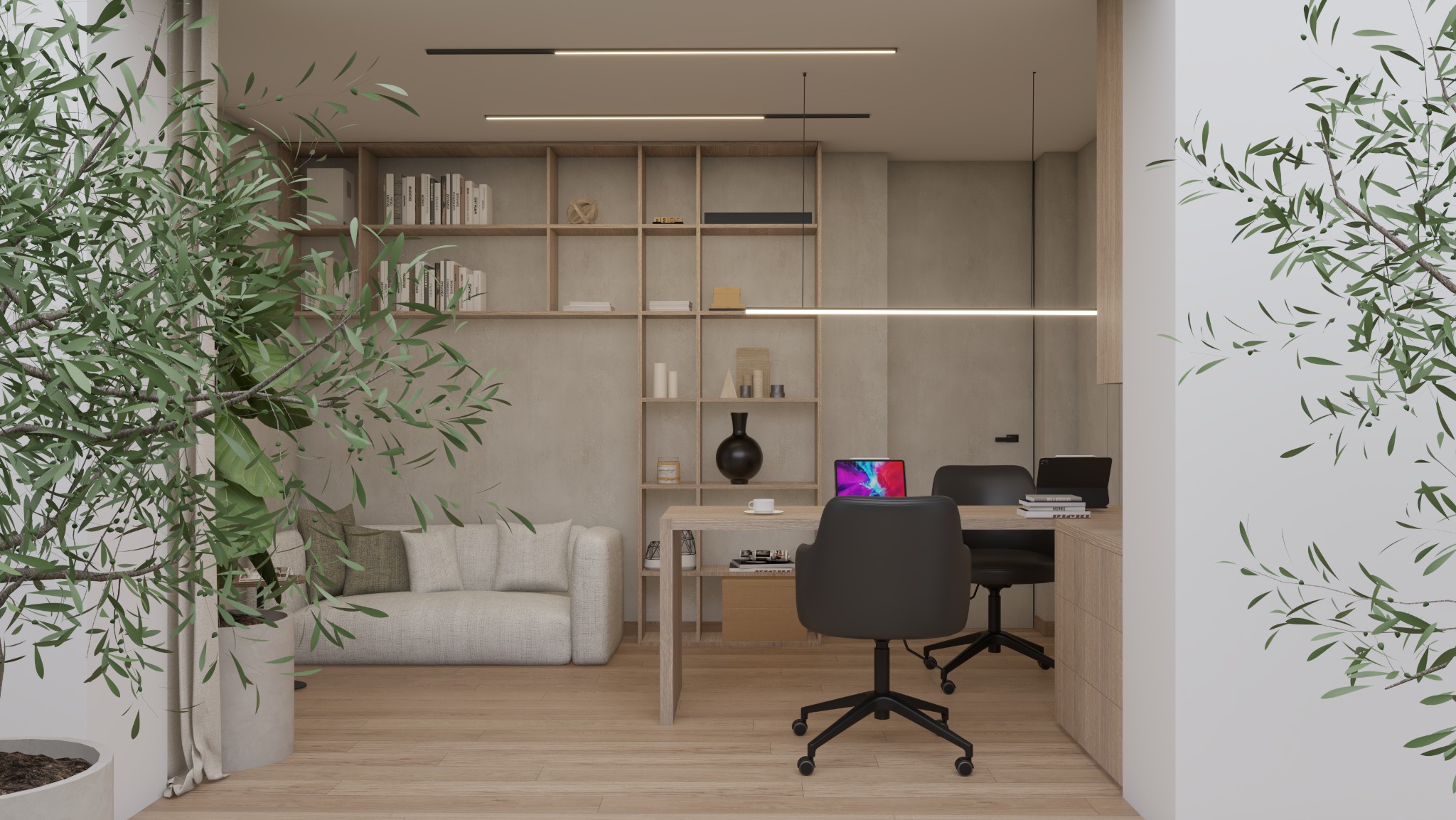 Kremowe biuro z drewnianym regałem, sofą i biurkiem, oświetlone liniowymi lampami. Rośliny w donicach dodają naturalnego akcentu. Minimalistyczny design.