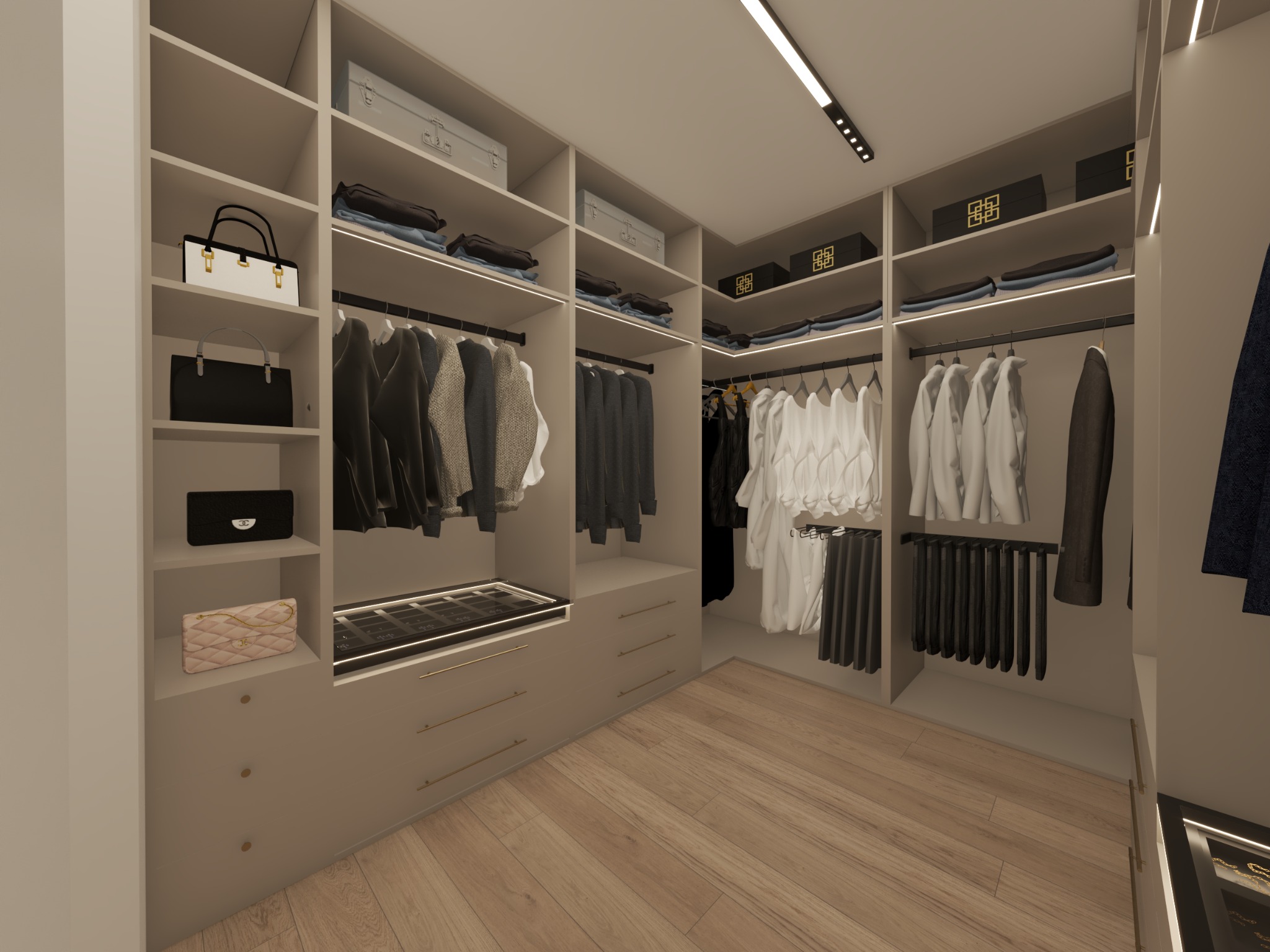 Nowoczesna garderoba z oświetleniem LED, jasnymi półkami i drewnianą podłogą. Ubrania wiszą na wieszakach, a na półkach leżą torebki i ozdobne pudełka.