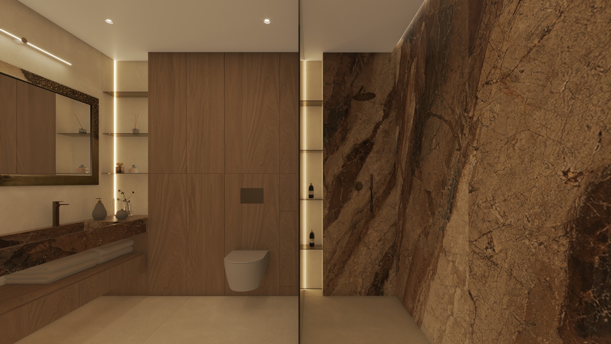 Elegancka łazienka z marmurową ścianą prysznicową, drewnianymi szafkami i podświetlanymi półkami. Nowoczesna armatura i oświetlenie tworzą luksusowy klimat.