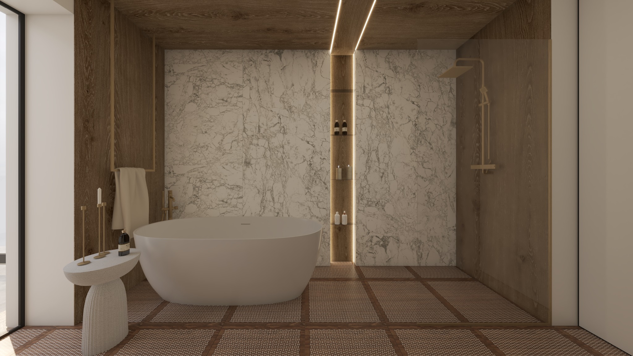 Nowoczesna łazienka z marmurowymi ścianami, wolnostojącą wanną i drewnianymi akcentami. Oświetlenie LED podkreśla minimalistyczny design i eleganckie wykończenie.