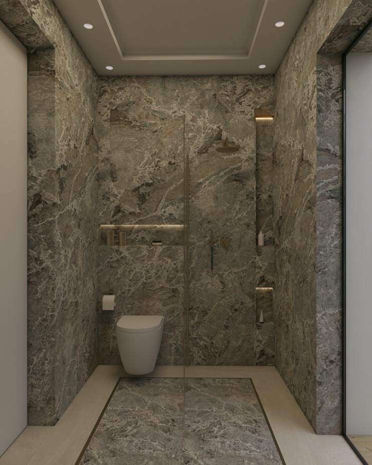 Nowoczesna łazienka z kabiną prysznicową typu walk-in, wykończona płytkami imitującymi marmur w odcieniach szarości i beżu, z podświetlanymi niszami.