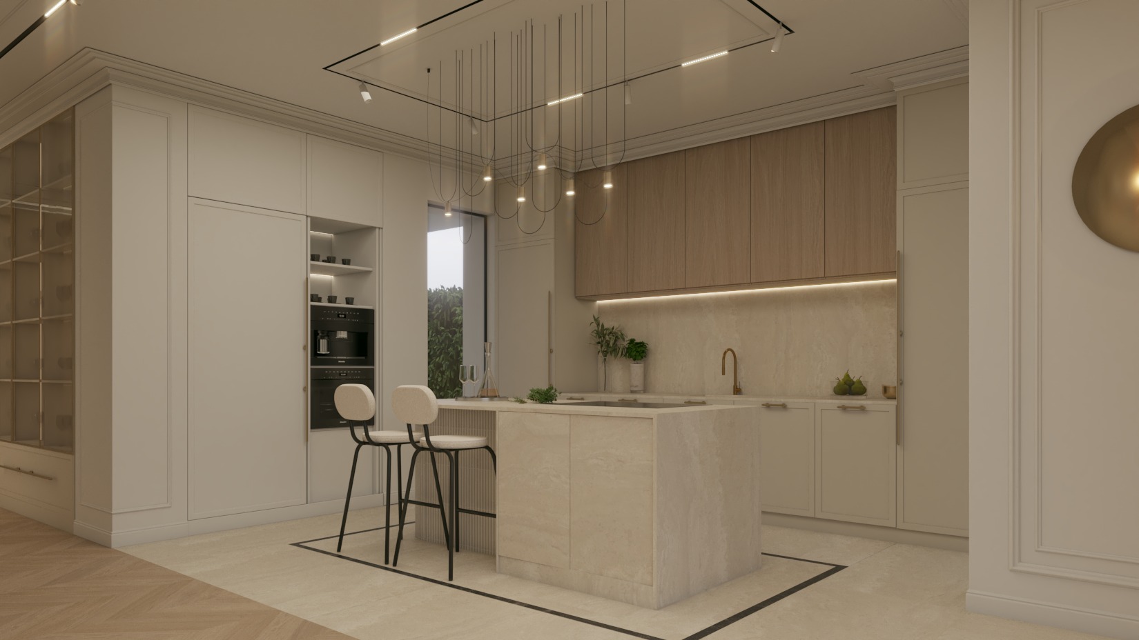 Elegancka kuchnia w jasnych barwach z wyspą i hokerami. Minimalistyczne oświetlenie wiszące. Widoczne wbudowane sprzęty i dekoracje roślinne. Ujęcie z niskiego kąta.