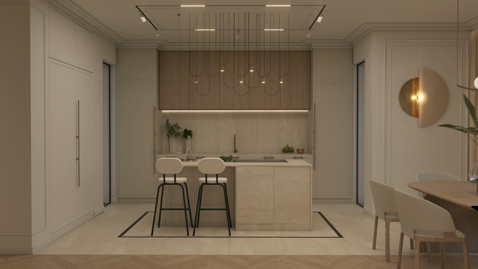 Jasna, nowoczesna kuchnia z wyspą i hokerami, oświetlona wiszącą lampą z wieloma punktami świetlnymi. Na ścianie dekoracyjna lampa w kształcie półkola.