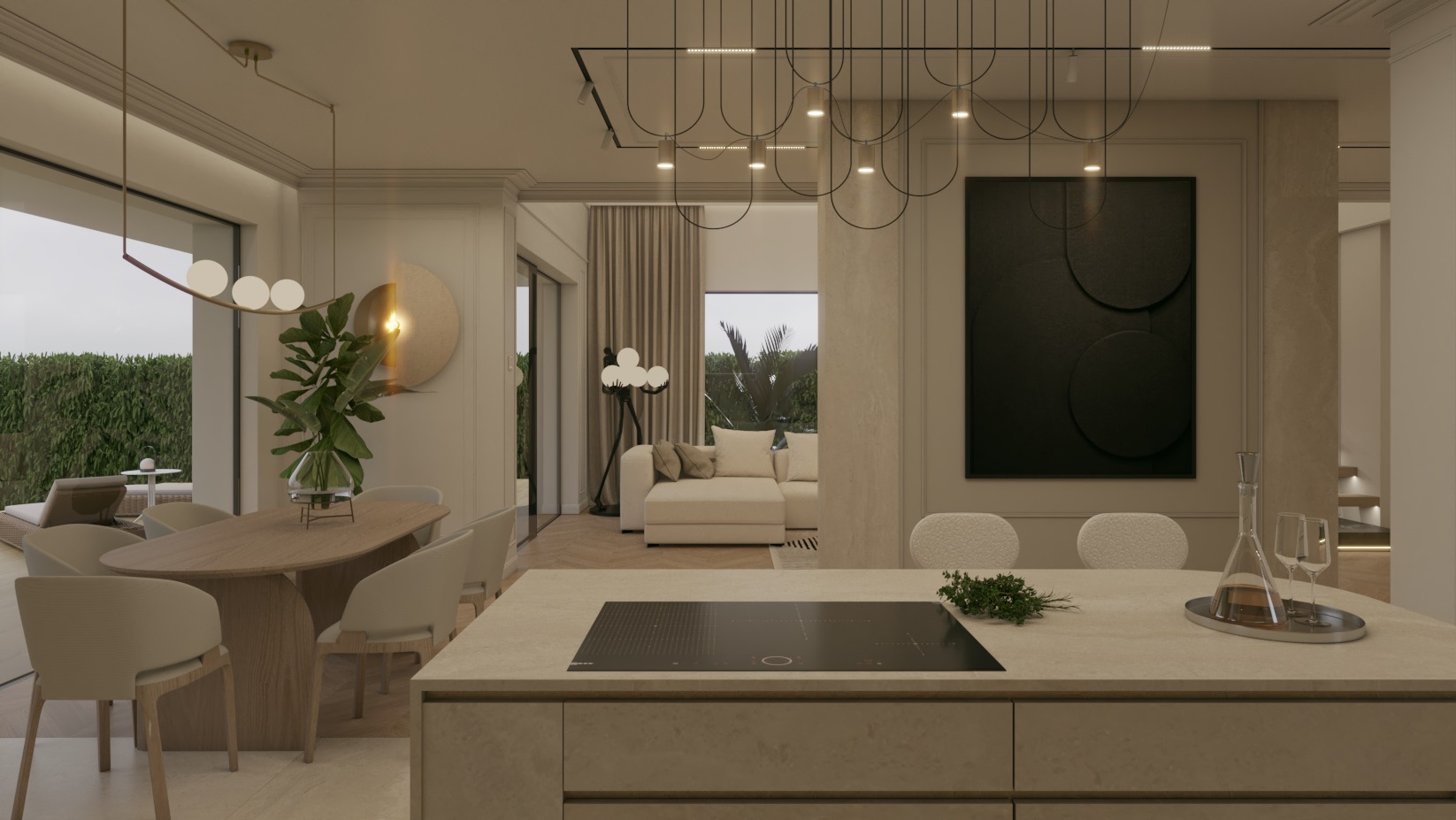 Elegancka aranżacja wnętrza z otwartą kuchnią i jadalnią w beżowej tonacji. Nowoczesne oświetlenie, minimalistyczne meble i dekoracje tworzą spójną, luksusową przestrzeń.