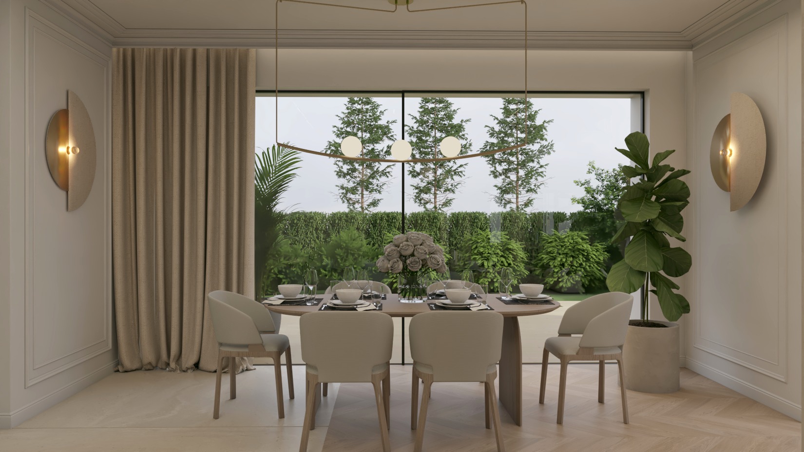 Elegancka jadalnia z owalnym stołem, krzesłami w odcieniach beżu i widokiem na bujny ogród przez okno. Minimalistyczna lampa i rośliny doniczkowe dopełniają aranżacji.