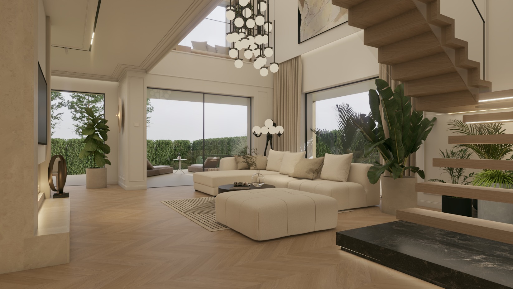 Jasny salon z sofą narożną, drewnianymi schodami i dużymi oknami wychodzącymi na zieleń. Nowoczesny żyrandol kulisty, parkiet w jodełkę i rośliny doniczkowe dodają elegancji.