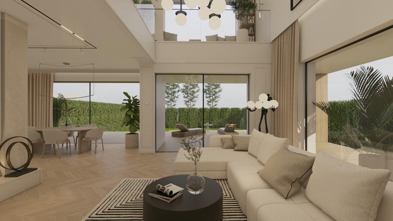 Jasne, przestronne wnętrze domu w Kielcach z dużymi oknami na ogród, sofa narożna, stół i krzesła w tle, nowoczesne oświetlenie, parkiet w jodełkę.