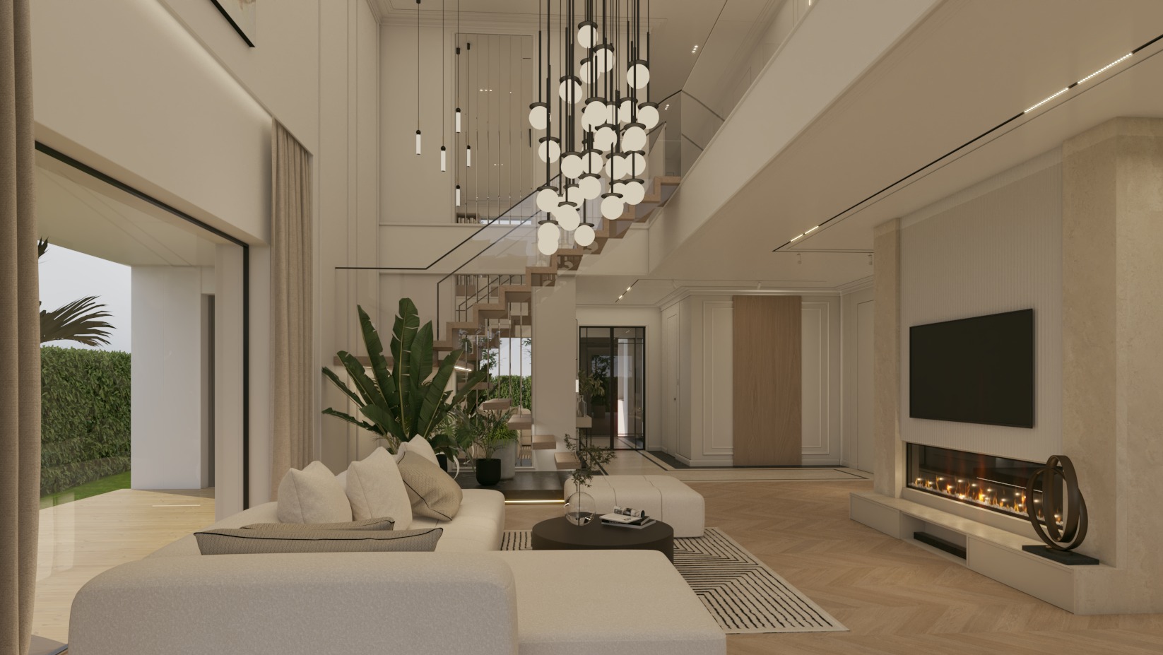 Jasne wnętrze salonu z otwartą przestrzenią, schodami i kominkiem. Minimalistyczny design, naturalne światło, rośliny doniczkowe. Nowoczesny żyrandol kulisty.