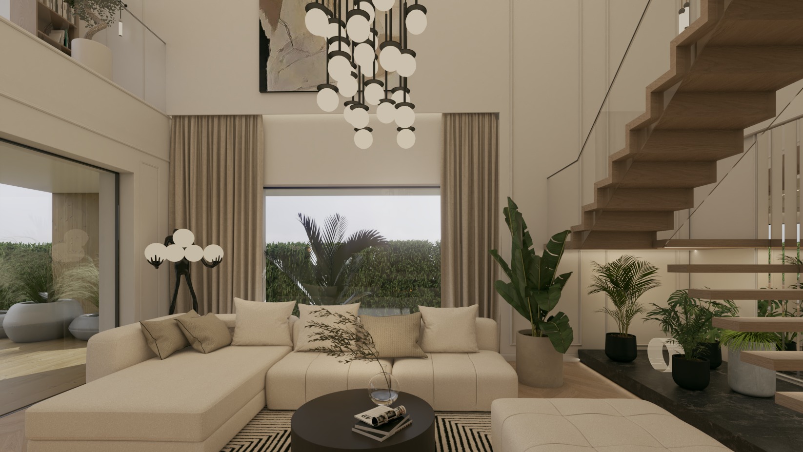 Jasny salon z narożnikiem, schodami i dużym oknem na ogród. Nowoczesny design z lampą kulistą i roślinami doniczkowymi. Przytulne i przestronne wnętrze.