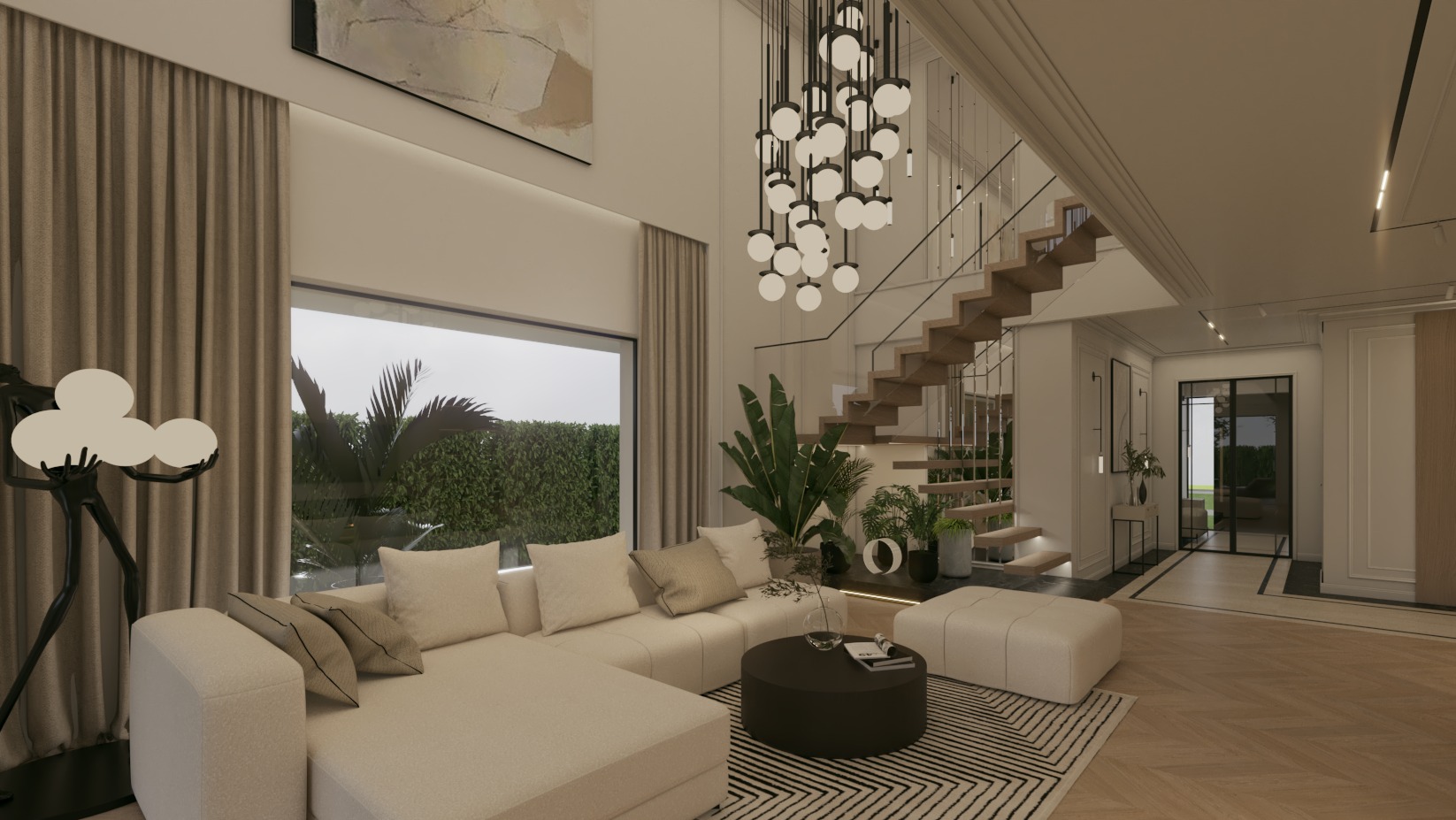 Eleganckie wnętrze domu z narożną sofą, nowoczesną lampą podłogową i schodami z drewnianymi stopniami. Duże okno z widokiem na zieleń.