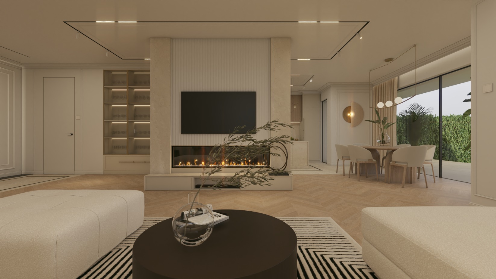 Jasne wnętrze z kominkiem i telewizorem, minimalistyczny stół jadalny z krzesłami w tle. Na pierwszym planie stolik kawowy z dekoracją roślinną.