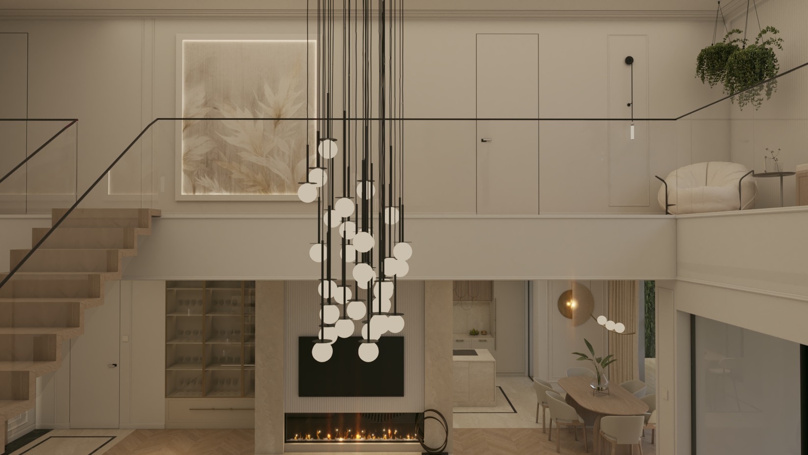 Eleganckie wnętrze domu z antresolą: schody z drewnianymi stopniami, przeszklona balustrada, designerski żyrandol, obraz, kominek i widok na jadalnię oraz kuchnię.