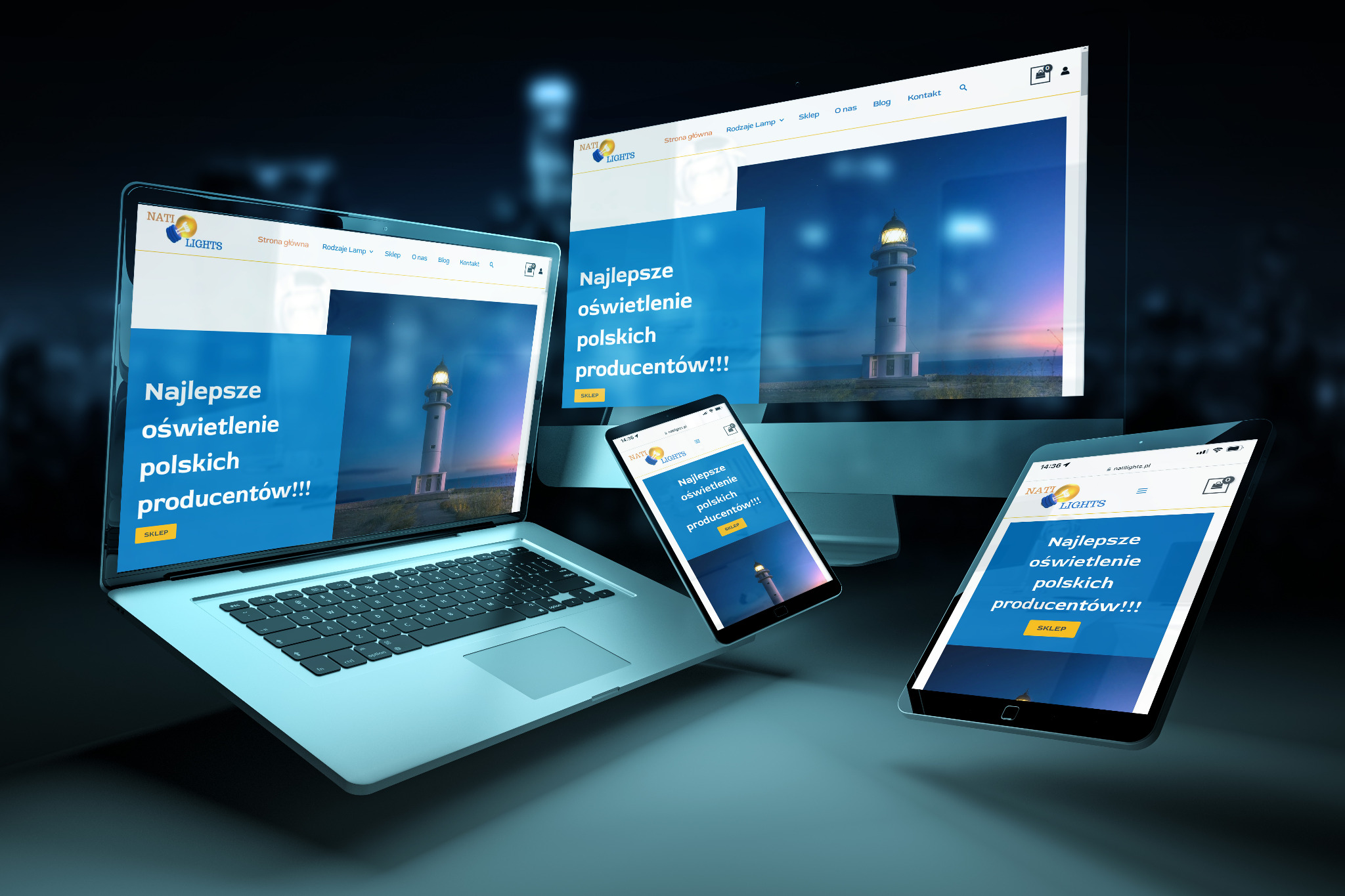 Responsywna strona internetowa prezentowana na laptopie, tablecie i smartfonie, z motywem przewodnim latarni morskiej i hasłem 'Najlepsze oświetlenie polskich producentów!!!'.
